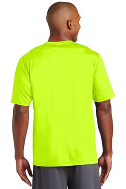 A bright yellow T-shirt with short sleeves and a logo, viewed from the back.