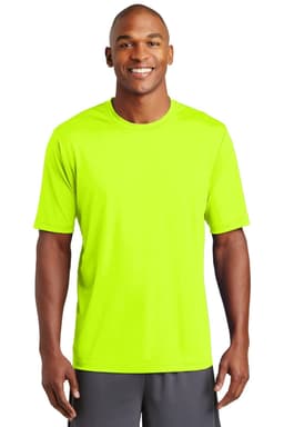 A vibrant lime green performance T-shirt with short sleeves, featuring a logo on the chest.