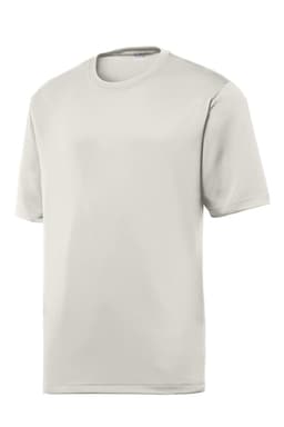 A plain light grey t-shirt with short sleeves, featuring a branding logo on the front.
