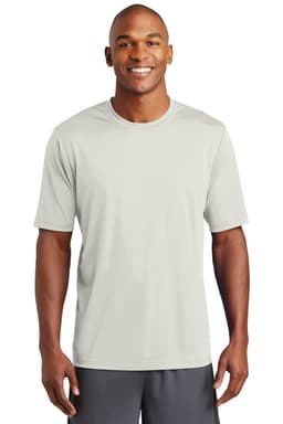 A light grey performance t-shirt on a male model, featuring a crew neck and short sleeves. The shirt has a logo.
