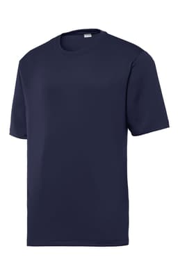 A navy blue t-shirt with short sleeves, featuring a simple design and a logo on the chest.