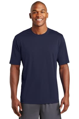 A navy blue t-shirt featuring short sleeves, designed for active wear, with a logo on the chest.