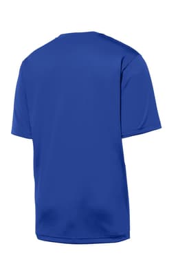 A blue t-shirt with a smooth, seamless back design and a logo. Suitable for casual wear or sports activities.