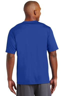 A man wearing a blue Sport-Tek PosiCharge Tough Tee, viewed from the back. The shirt has a logo visible.