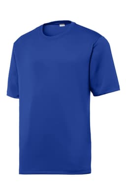 A blue T-shirt featuring a crew neck and short sleeves, with a logo on the front.