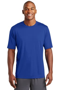 A man wearing a blue short-sleeved t-shirt, featuring a logo, against a plain background.