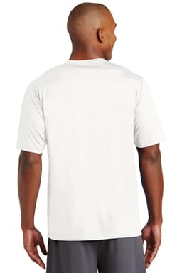 A man wearing a white Sport-Tek PosiCharge Tough Tee, viewed from the back, with short sleeves.