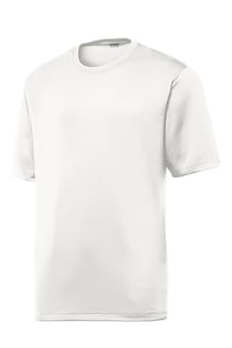 A plain white t-shirt with short sleeves, featuring a logo on the front.