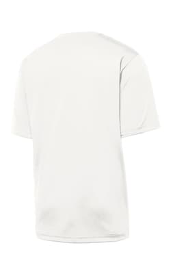 A white T-shirt with short sleeves and a plain back, featuring a logo.