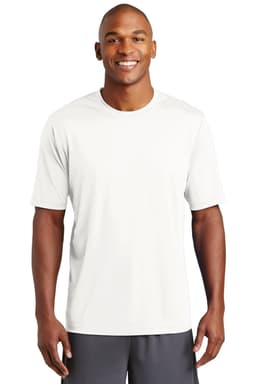 A man wearing a plain white short-sleeve t-shirt. The shirt features a logo on the chest area.