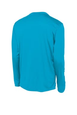 A long sleeve t-shirt in bright turquoise with a logo on the back.
