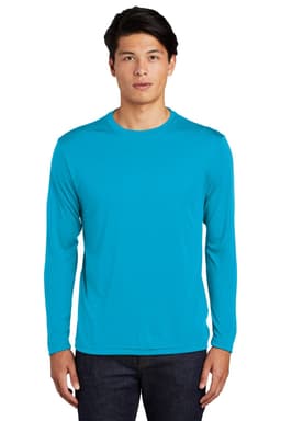 A long sleeve t-shirt in bright blue, featuring a fitted design and a small logo on the front.