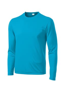 A long sleeve PosiCharge Competitor Tee in vibrant turquoise, featuring a logo on the front.