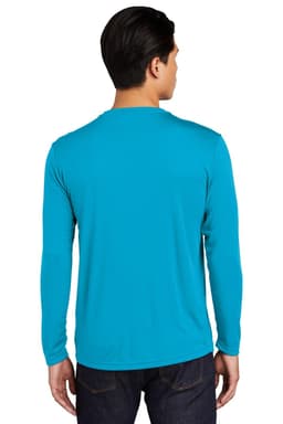 A long sleeve T-shirt in vibrant aqua blue with a smooth fabric finish and a logo on the back.