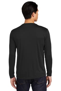 A man wearing a black long sleeve T-shirt from the back, showcasing a simple design and a brand logo.