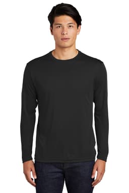 A long sleeve black t-shirt featuring a logo, made from PosiCharge fabric for enhanced durability.