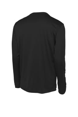 A black long sleeve t-shirt featuring a crew neck and back view, with a logo on the side.