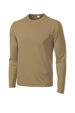 A long sleeve, tan PosiCharge Competitor Tee shirt with a fitted style and a logo on the chest.