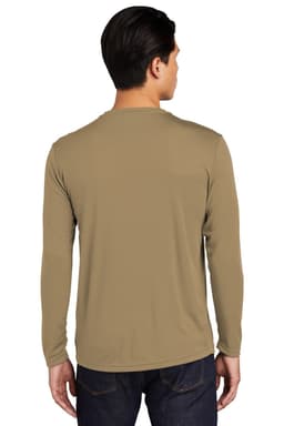 A long sleeve PosiCharge Competitor Tee in a khaki colour, featuring a logo on the back.