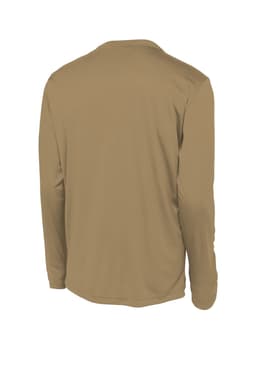 A long sleeve, light brown PosiCharge tee with a smooth fabric and a branding logo on the back.