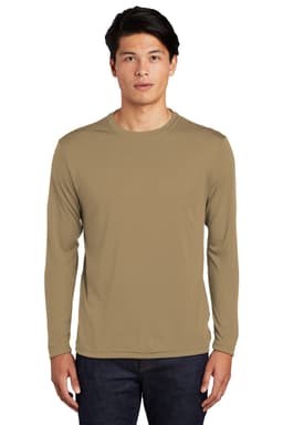 A long sleeve tee in a warm tan colour, featuring a casual fit and a logo on the chest.