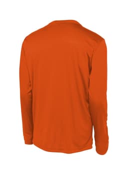 An orange long sleeve t-shirt with a back view, featuring a logo. Made from PosiCharge material.