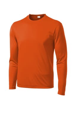 An orange long sleeve t-shirt featuring a logo, made from PosiCharge fabric.