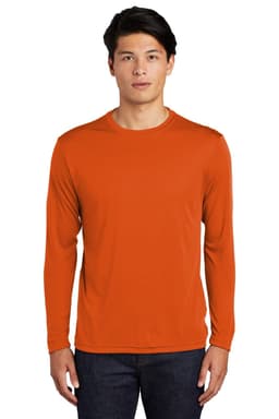 An orange long sleeve t-shirt, featuring a round neckline and a logo.