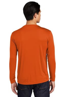 A man is wearing an orange long sleeve t-shirt from the back, featuring a logo on the upper area.