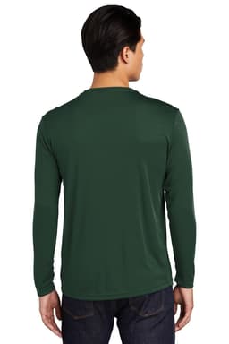 A long sleeve dark green tee with a simple design and a logo on the back.