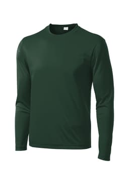 A dark green long sleeve athletic t-shirt with a crew neck, featuring a subtle logo on the front.