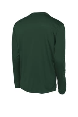 A green long sleeve T-shirt with a smooth texture and a logo on the back.