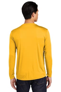 A yellow long sleeve t-shirt in a plain design, featuring a logo on the back.