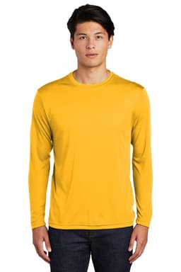 A long sleeve yellow t-shirt modelled by a person, featuring a logo on the chest.