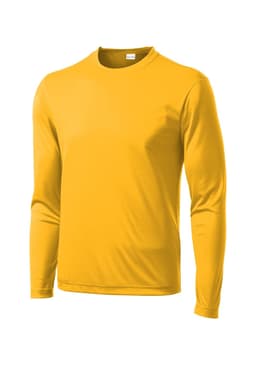 A long sleeve yellow t-shirt with a round neckline and a plain design, featuring a logo on the front.