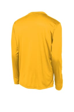 A long sleeve t-shirt in a vibrant gold colour with a smooth texture and a plain back. It features a logo.
