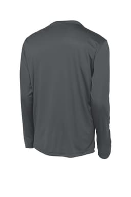 A long sleeve grey tee with a smooth texture and a logo on the back. Suitable for sportswear or casual wear.