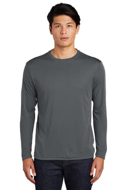 A grey long sleeve t-shirt designed with a smooth finish and featuring a logo.