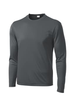 A long sleeve grey athletic tee with a round neck and a logo on the chest.