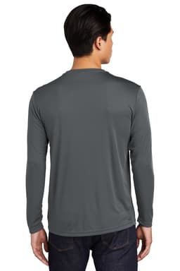 A long sleeve grey t-shirt featuring a smooth fabric and a back view design. It includes a logo.
