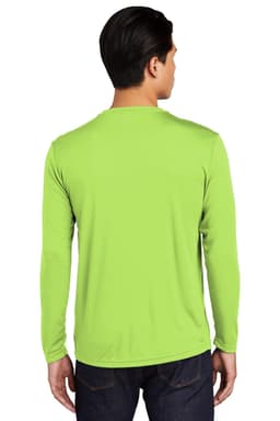 A green long sleeve t-shirt with a smooth fabric, featuring a logo on the back.