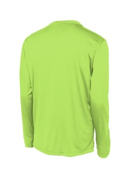A long sleeve tee in bright lime green with a back view and a logo.