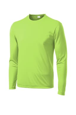 A long sleeve bright lime green t-shirt with a crew neck and a small logo on the chest.