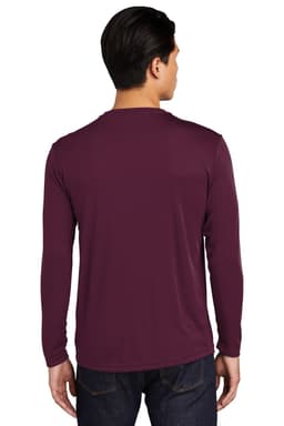 A long sleeve, maroon T-shirt with a smooth finish, featuring a logo on the back.
