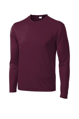 A long sleeve maroon t-shirt made from moisture-wicking fabric, featuring a logo on the front.