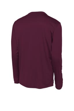 A maroon long sleeve t-shirt with a smooth fabric finish, featuring a logo on the back.