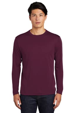 A long-sleeve maroon t-shirt featuring a logo, modelled by a man against a plain background.