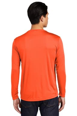 A long sleeve, bright orange athletic tee with a sleek design and a logo on the back.