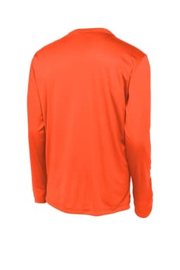 A long sleeve t-shirt in vibrant orange with a smooth fabric finish and a logo on the back.