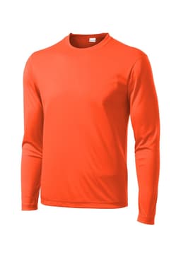 An orange long sleeve athletic t-shirt with a round neckline and a logo on the front.